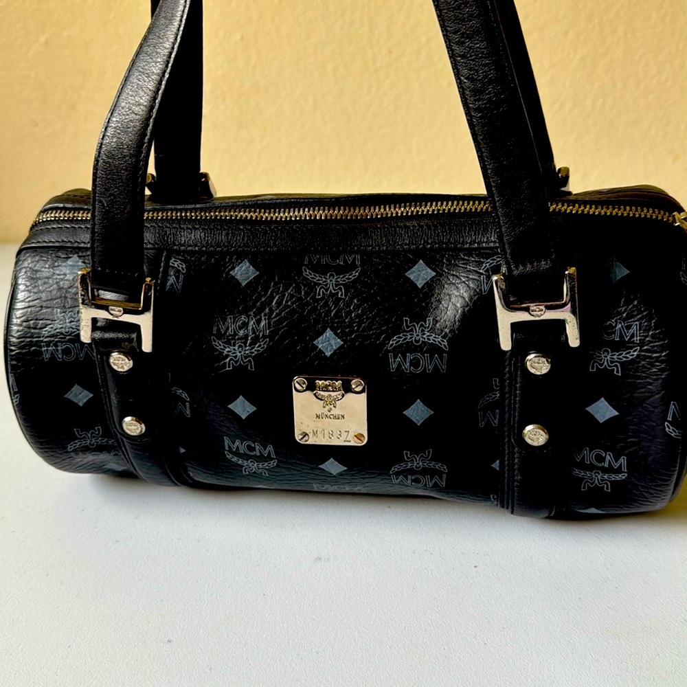 MCM Black Leather Barrel Bag